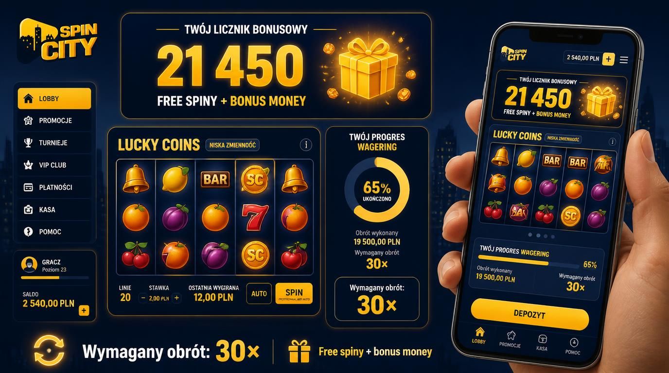 Gracz korzystający z bonusu w Spin City Casino, pokazany licznik wagering i darmowe spiny