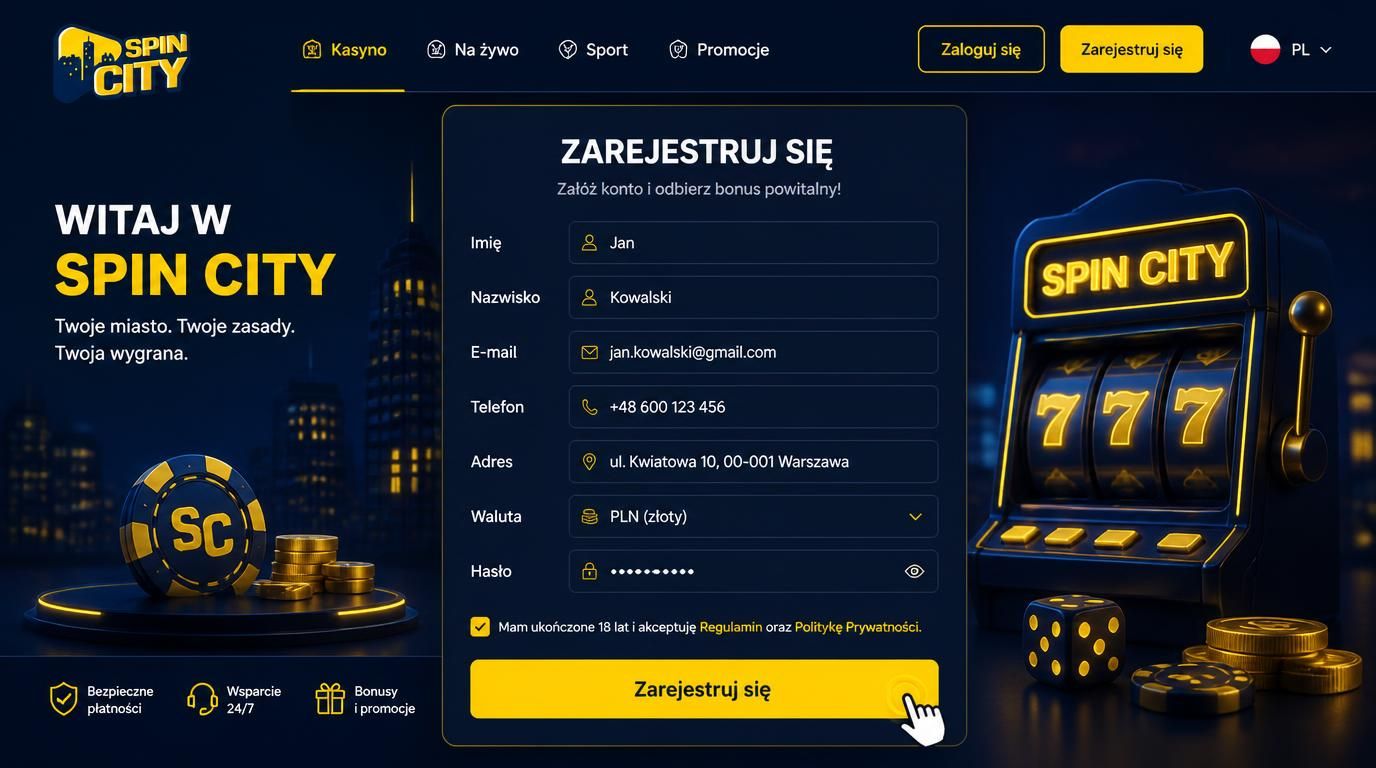 Formularz rejestracji kasyna Spin City z polskimi polami i przyciskiem „Zarejestruj się”