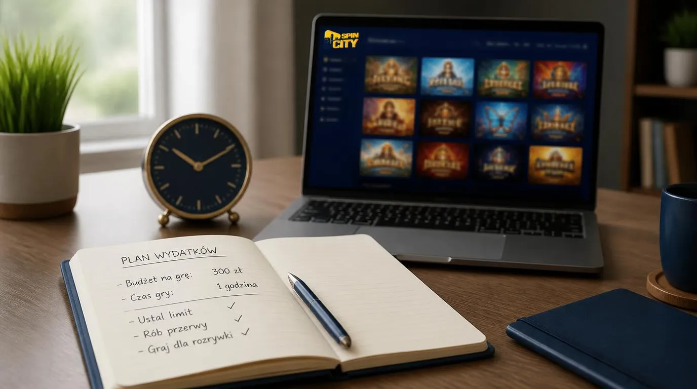 Notes z planem wydatków i zegar obok laptopa z neutralnym katalogiem gier