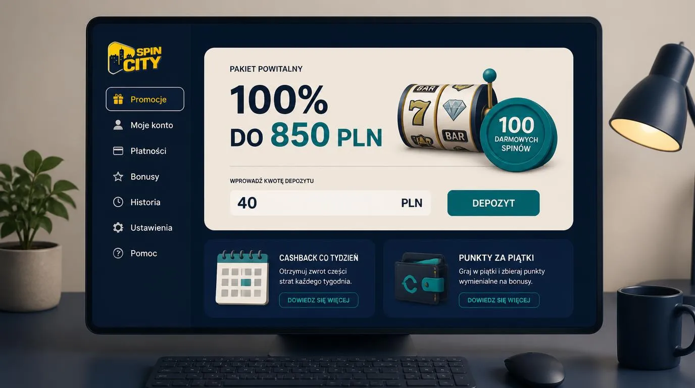 Panel oferty powitalnej z bonusem 100% do 850 PLN, 100 darmowymi spinami i minimalnym depozytem 40 PLN