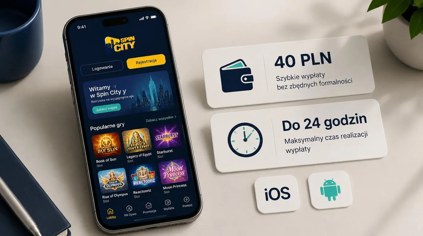 Smartfon z aplikacją kasynową oraz karty z wpłatą 40 PLN i czasem wypłaty do 24 godzin